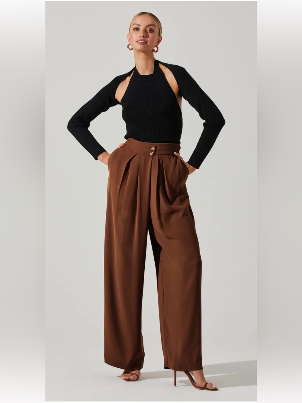 ASTR the Label Kara Criss Cross Pleated Wide Leg Pants-Chocolate Brown
